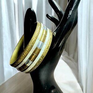 Vintage Brass, Copper, Silver Tone Bangle Bracelet Mother of Pearl Inlay Boho
